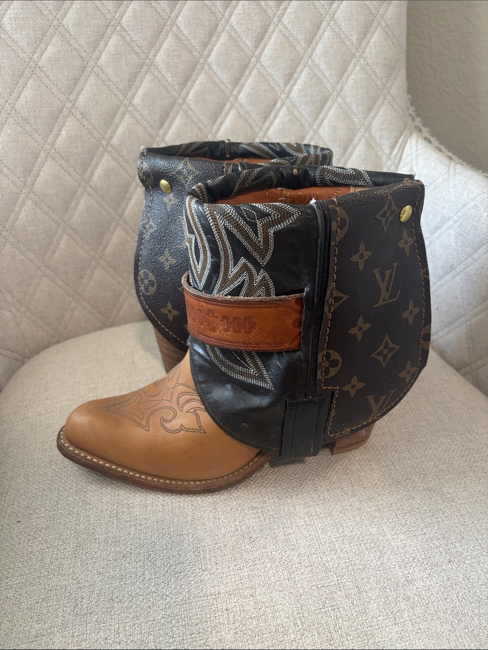 Louis Vuitton Custom - Brown Leather & Monogram Fold-Over Ankle Boots - Women